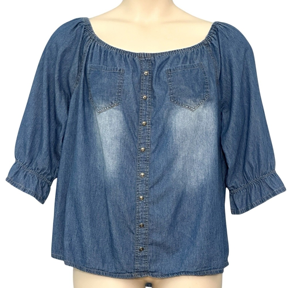 VTG Y2K Bottlette Womens Top Plus 2XL Chambray Denim Coastal Western Boho
